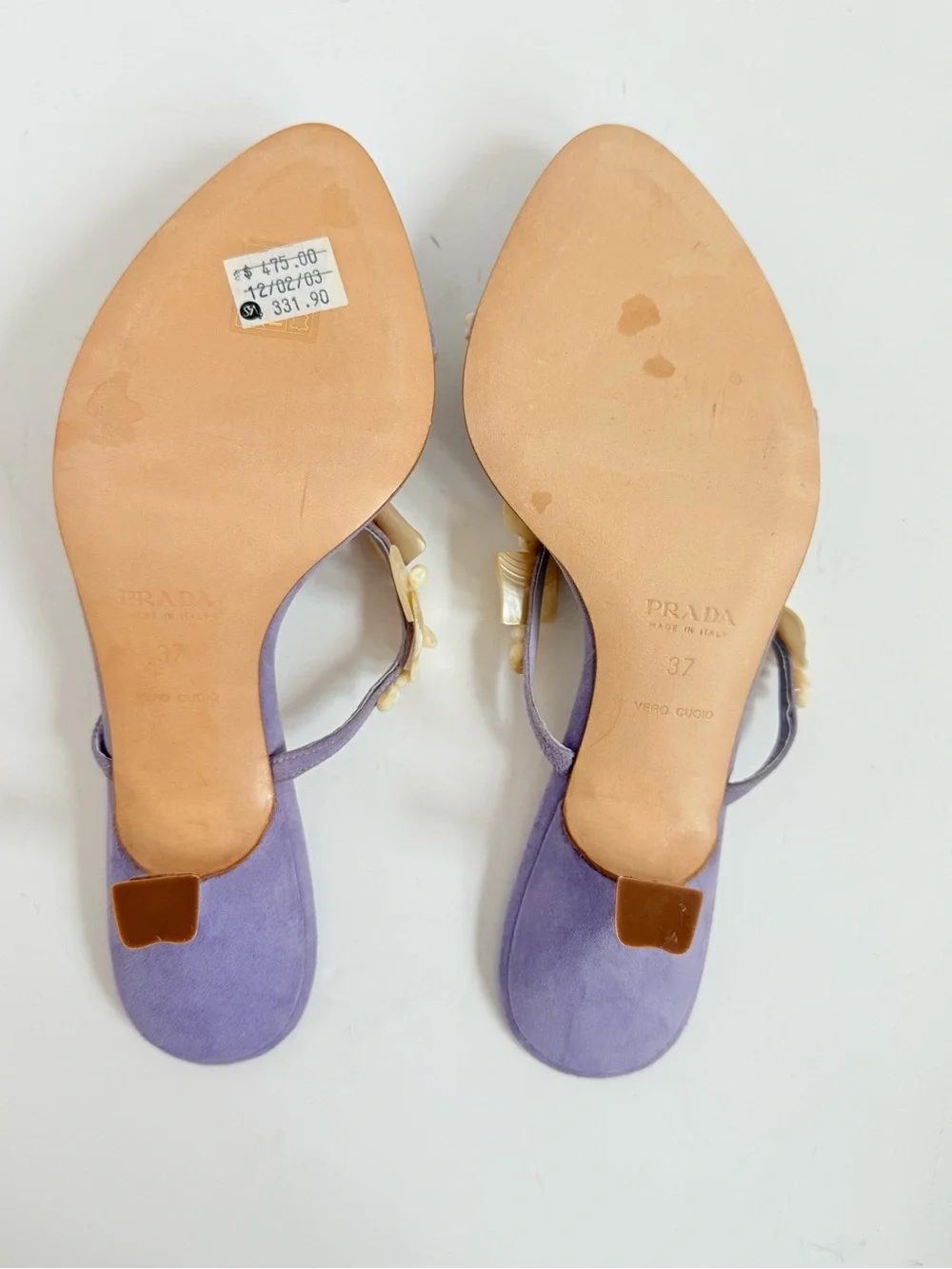 Rare 2003 Prada Archive Glicine Shell Embellished Suede Kitten Heel Mules EU 37